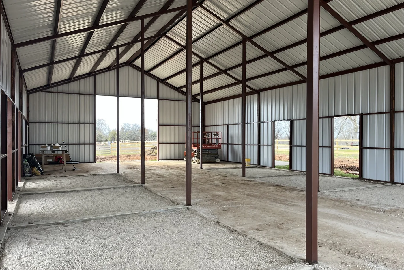Interior of a clear-span steel building erected by Metal Warehouse Inc.